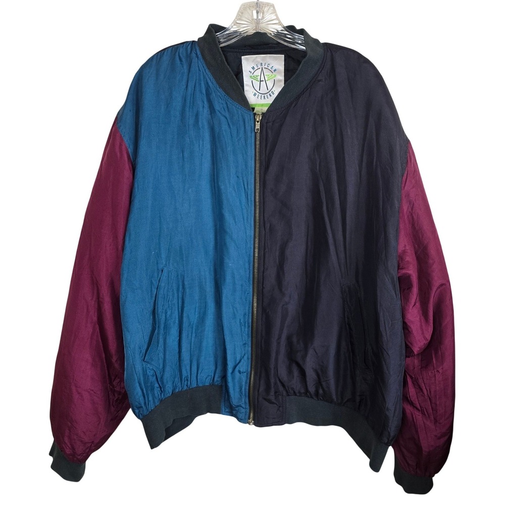 VTG American Weekend Silk Bomber Jacket XL Colorblock Windbreaker 90s Retro
